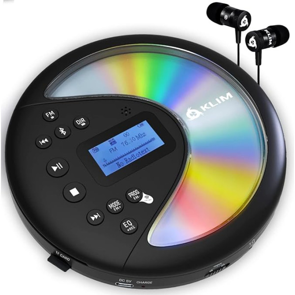 KLIM Discover + Portable CD Player Walkman with Durable Battery + Headphones + FM Radio + Compatible MP3 CD Player + SD Card FM Transmitter Bluetooth + Ideal for Cars + Portable CD Player