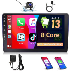Podofo 4+64G Car Radio 2 DIN with Wireless Apple Carplay Android Car, Android 13 Car Radio with Sat Nav, 9 Inch Screen with Bluetooth/WiFi/GPS/Mirror Link/Three-Piece Screen + AHD Reversing Camera