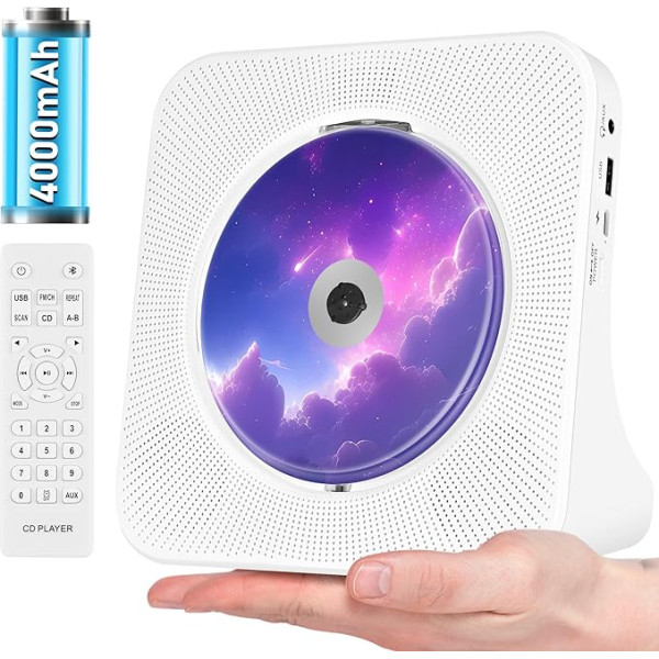 Rechargeable CD Player Portable Bluetooth CD Player with USB, AUX, FM Radio CD Player with Good Sound, Wireless CD Player White with Remote Control