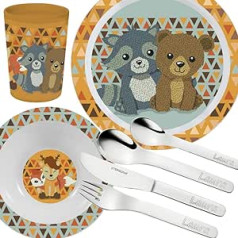 Children's Set Forest Friends 7 Pieces Personalised Children's Cutlery Set with Engraving (e.g. Name) + Children's Crockery (Plate, Bowl, Cup)