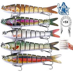 Njord Kalastus Pike Bait Set Artificial Bait 5 Pieces in Box Fishing Bait for Predator Fishing - Wobbler Multi-piece with Joint for Realistic Running 14 cm 25 g Slow Sinking + 5 x Steel Leader