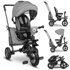 Lionelo Tris Tricycle, From 1 Year with Steerable Push Bar, Pushchair Folding Balance Bike, Children's Bicycle Accessories, Children's Tricycle for Boys and Girls steingrau