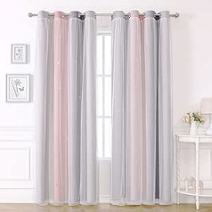 KAHEAUM Blackout Curtains for Living Room Girls Kids Room Curtains Eyelet Soundproof Thermal Curtains for Winter Voile Net Curtains for Windows, 52 x 84 inches, Pink and Grey