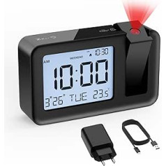 CHEREEKI Alarm Clock with Projection, Projection Alarm Clock with 4 Adjustable Projection Brightness, Snooze 9 Minutes and Multifunctional Display for Day, Day of the Week and Temperature