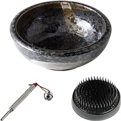 Wazakura Made in Japan, Ikebana for Beginner Tool Kit Minoyaki Black Flower Vase 61mm Black Kenzan Holder Cleaner (Minoyaki Black Vase, Black Kenzan, Care Tool)