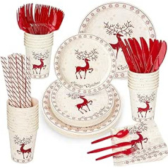 LATERN Pack of 200 Christmas Paper Party Tableware, 25 x Dinner Plates and Salad Plates, 25 x 270 ml Cups, 25 x Napkins, 25 x Reusable Knives, Fork, Spoon and Straws