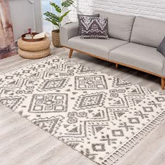 carpet city High Pile Living Room Rug, Ethnic Geo Design, 80 x 300 cm, Cream Grey, Rug Runner with Fringes
