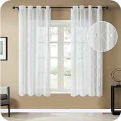 Topfinel Voile Curtains with Eyelets, Checked Curtains, Decorative Curtains with Embroidery, for the Living Room and Bedroom