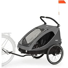 Hauck Dryk Duo Bicycle Trailer 2 Children Including Drawbar, Buggy Wheel and Flag, Foldable, Large, XL Storage Space, Easy to Attach to Bike, Use as a Buggy, Grey, Pack of 1