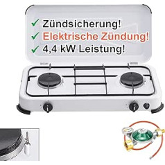 Gas Stove Camping Stove 2-Bulb with Electric Ignition and Ignition Protection Including Gas Hose with 360° Pressure Gauge Gas Level Indicator and Hose Break Protection 3 4