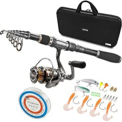 PLUSINNO Telescopic Rod and Reel Combos Full Kit, Spinning Fishing Gear Organiser Pole Sets with Line Artificial Bait Hooks Wheels and Fishing Bag Case Accessories