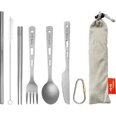 TiTo Titanium Cutlery Set Spoon Spork Knife Chopsticks Portable Lightweight Outdoor Cutlery Extra Strong 3/4/5 Pieces Straw for Home, Travel, Picnic, Hiking Tableware (5-Piece Cutlery Set)