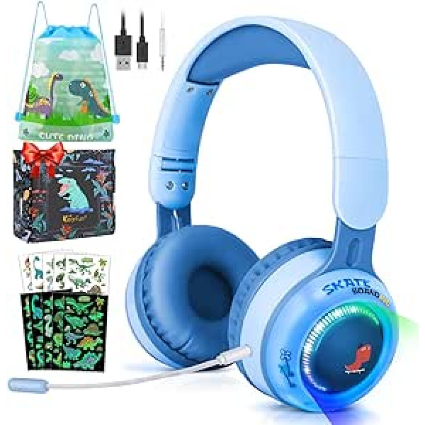 JYPS Children's Bluetooth Headphones, Dinosaur Kids Wireless Headphones with LED Light, Toddler Headphones Wireless for Boys Girls, Adjustable Children's Headphones from 3, 5, 7, 10 Years for iPad