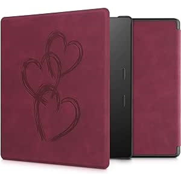 kwmobile Case Compatible with Amazon Kindle Oasis 10th Generation - Faux Leather eReader - Brush Hearts Dark Red