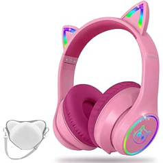 LOBKIN Bluetooth 5.3 Children's Headphones with Bag - RGB LED Light Cat Ears Foldable Stereo Headset Support Wireless and 3.5 mm Cable - Children's Headphones on Ear for Girls Boys Toddlers