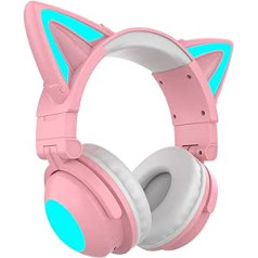 Tongdejing Cute Cat Wireless Headphones, LED Illuminated Gaming Headset Fashion Bluetooth 5.0 Over Ear Headphones Low Noise with Microphone (Pink)