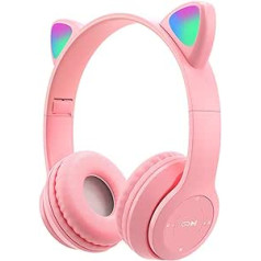 Wireless Headphones Over Ear Bluetooth HiFi Stereo Foldable Headphones Cat Ears Game Headset with LED Light Pink