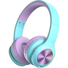 PowerLocus Children's Bluetooth Headphones, Wireless with LED Lights, 74/85/94 dB Volume Limit, Foldable Headset, HD Stereo, Micro SD, Built-in Microphone for School, Laptop, Mobile Phone, TV