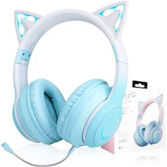 Kids Wireless Headphones, Kids Headphones with LED Light and Cat Ears for Girls, Bluetooth Headset with Detachable Noise Cancelling Microphone and Built-in Microphone for Calls/Games