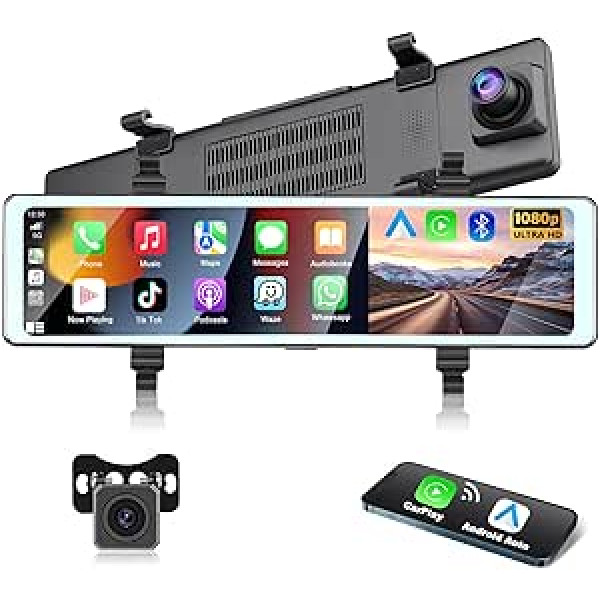 Podofo Mirror Dash Cam with Wireless Apple Carplay, Android Car with HD Rear View Camera, 11.26 Inch IPS Touchscreen Dual 1080P Rear View Mirror, Dash Cam Car, 2 Split Screens, Bluetooth