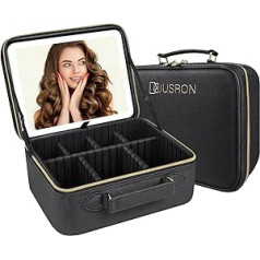 Makeup Bag with Mirror 3 Colours LED Light, Travel Cosmetic Bag with LED Mirror, Portable Makeup Bag with Adjustable Dividers, Makeup Organiser for Travel and Business Trips for Women, Black01,