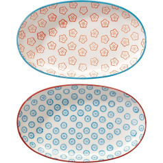 Bloomingville Emma Retro Small Serving Plates Oval Vintage L 21.5 x W 13 cm Orange Blue Ceramic Set of 2