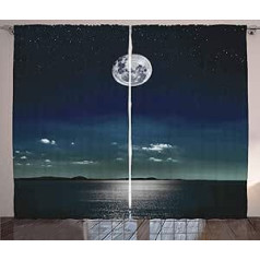 ABAKUHAUS Ocean Rustic Curtain, Full Moon in the Sea, Living Room Universal Tape Curtains with Loops and Hooks, 280 x 175 cm, Night Blue