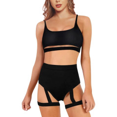 Rave Outfits for Women - Music Festival Dancewear Sexy Neckline Underbust Top High Waist Harness Leg Booty Shorts Set