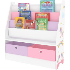 [En.casa] Neda Children's Bookcase with 3 Shelves Unicorn Motif Toy Storage Shelf with 2 Folding Boxes Children's Room Shelf Standing 74 x 71 x 23 cm White/Purple/Pink