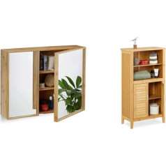 Relaxdays Bathroom Mirror Cabinet, 2 Doors, Bamboo Wall Cabinet, Pre-Assembled Bathroom Cabinet, H x W x D: 50 x 65 x 14 cm, Natural & Bamboo Bathroom Cabinet, H x D 92 x 50 x 25 cm, Pack of 1