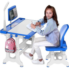 Saimly Children's Desk Chair Set, Height Adjustable, Student Desk with Lamp, Children's Desk Height Adjustable, Children's Table with Chair