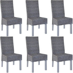 Festnight Set of 6 Dining Room Chairs, Kitchen Chairs with Backrest Made of Kubu Rattan and Mango Wood, Handmade, 46 x 61 x 93 cm, Grey/Brown/Black