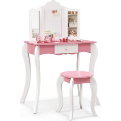 Costway 2-in-1 Children's Dressing Table with Stool, Dressing Table with 3-Way Removable Mirror and Drawer, Wooden Cosmetic Table for Girls, 68 x 42 x 100 cm (Pink+White)