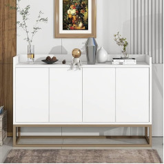 Kecduey Chest of Drawers, Sideboard with Golden Metal Leg, 120 x 30 x 80 cm, Modern Sideboard in Minimalist Style, 4-Door Handle-Free Buffet Cabinet for Dining Room, Living Room, Kitchen (White)