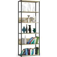 Akord Bookcase with 6 Shelves, 70 cm Wide, Industrial/Loft Style, Open, Skeleton Construction, Standing Shelf, Wood/Metal, for Kitchen, Bedroom, Office, Shelf with Metal Frame, Black/Artisan Oak