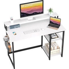 Greenforest Computer Desk with Full Monitor Stand and Reversible Storage Shelves, 100 x 50 cm, Home Office Desk with Headphone Hooks and Cup Hooks, Gaming Workstation Table, White