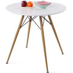 Dorafair Round Dining Table White Scandinavian Living Room Table, MDF Kitchen Table with Beech Wood Grain Transfer Iron Legs and Black Frame, 80 x 75 cm