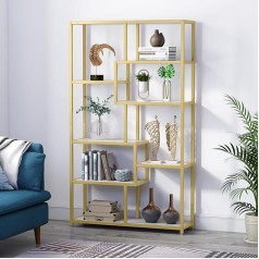 Tribesigns Bookcase, Office Shelf with 8 Open Shelves, Shelf with Metal Frame, Bookcase with Faux Marble, Modern Gold Standing Shelf for Living Room, Study, Office, 100 x 30 x 180 cm (White + Gold)