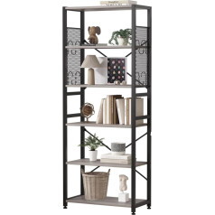 Treetalk 6 Tier Bookcase, Standing Bookcase with 2 X Shape Strips, Metal Mesh Side Walls, 8 S Shaped Hooks, Industrial Storage Rack for Office, Living Room (Grey)