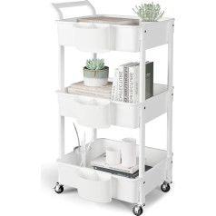 Hbtower Kitchen Trolley, 3 Tiers, Serving Trolley, Utility Cart with Wheels, Trolley with 3 Rolling Shelf, Multi-Purpose Trolley for Kitchen, Make-Up, Bathroom, Office, White