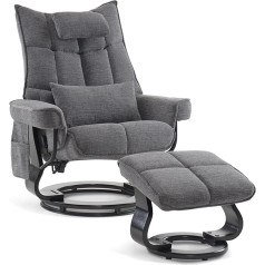 M Mcombo Recliner Chair with Stool, Rotating TV Chair with Reclining Function, Modern TV Chair for Living Room, with Cushion and Side Pocket, Fabric, 9076 (Grey)