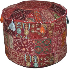 Marusthali Indian Embroidered Patchwork Cover Comfortable Bottom Cotton Ottoman Cover Ethnic Pouf Patchwork Cover Indian Decorative Bean Bag 56x36cm