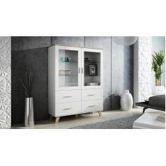 Lotta Furniture24.Eu Lotta Vitrinew Cabinet Living Room Cabinet Scandinavian 2 Door 4 Drawers Brilliant White / Sonoma Oak