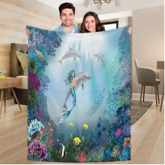 Ririx Überwurfdecke mit Delfinen und Meerjungfrauen, Meerjungfrauen-Decke, für Bett, Couch, Sofa, Stuhl, Camping und Reisen, leichte Decke, Größe L (203 x 152 cm)