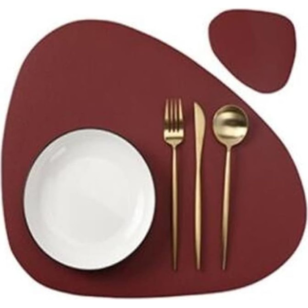 Blemo 6-teiliges Tischset aus schwarzem PU-Leder, wasserabweisend, wärmeisolierend, rutschfest, Tischset-Untersetzer-Set for die Küche, waschbare Tasse (Color : CD red, Size : Pacemat and Coaster)