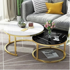 Generisch Stapelbarer Couchtisch mit Metallrahmen, 2er-Set mit Glasplatte in Marmoroptik, ideale Nisttische für Heimbüro, Wohnzimmer oder Lounge-Dekor