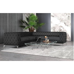 Sofa Dreams Cordoba Velvet Sofa in Chesterfield Look Corner Sofa with Cover Made of Velvet Sofa Sun Velvet (Black, Silver Feet)