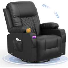 Yonisee Recliner Chair Swivel TV Chair with 150° Reclining Function, 360° Rotation & 125° Rocker Mechanism, Footrest, Drink Holder, 4 Side Pockets, Lounger, Leather TV Armchair, Living Room, Bedroom