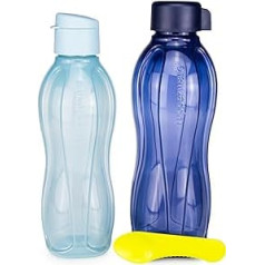 Tupperware EcoEasy Water Bottle 750 ml Light Blue Drinking Cap + 1 Litre Dark Blue Screw Cap (Including 1x Kiwi Spoon)