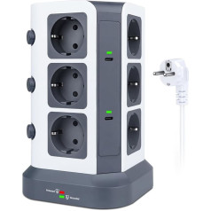 KOOSLA Multiple Socket with USB C Multiple Plug (3680 W/16 A), 12-Way Power Strip, Surge Protection [1500J], Socket Tower Individually Switchable, Ideal for Office, Table, Home, 2 m Cable, Grey